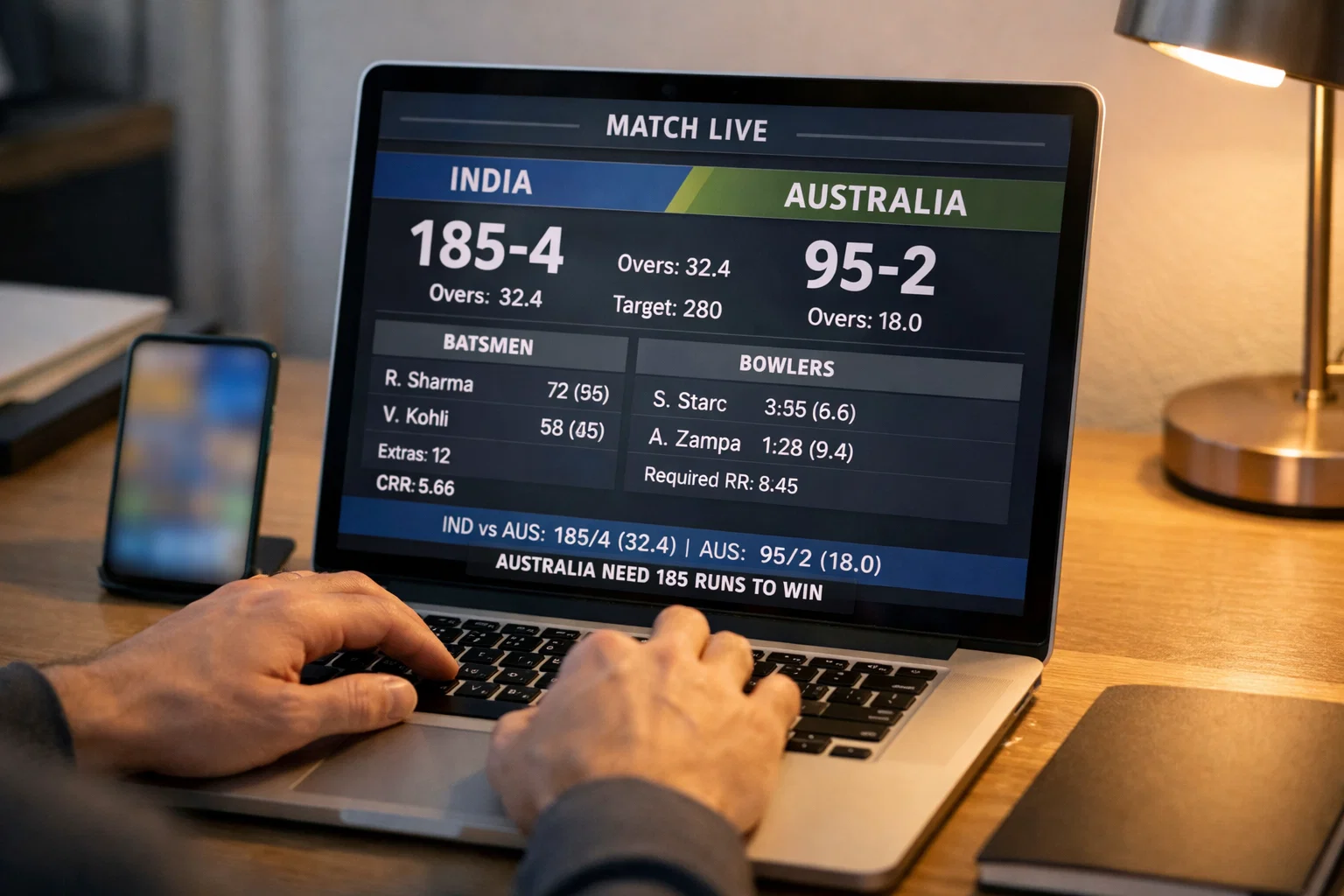 Persoon bekijkt live cricketwedden op een laptopscherm met wedstrijdstatistieken